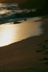 Ocean shore close-up. Wet sand. Sea foam. Waves. Color image. Poster. Wallpaper. Background. Postcard.