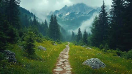 Mountain path, misty valley, wildflowers, travel, serenity