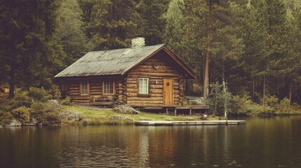 Obraz premium Secluded lakeside log cabin, forest backdrop, tranquil escape