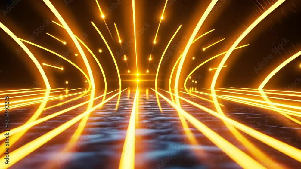 Poster golden light trails flow through space with particles, a neon sense of speed and energy background c