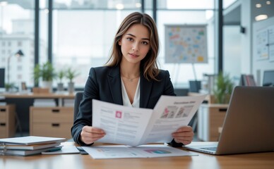 Poised Professional: A poised woman, exuding confidence and expertise, reviews documents, embodying professionalism.