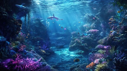 Naklejka premium Sharks swimming coral reef ocean sunlight underwater scene