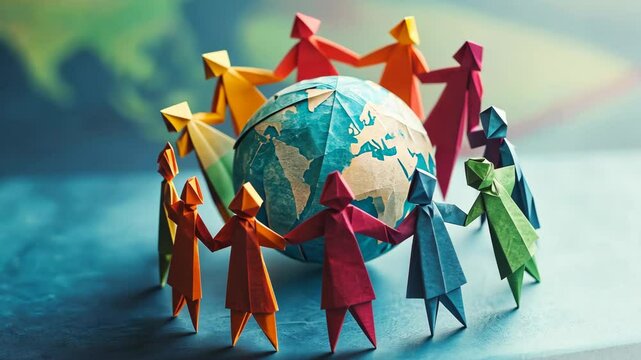 Diverse origami figures encircling a globe symbolizing unity and overcoming discrimination in a global society