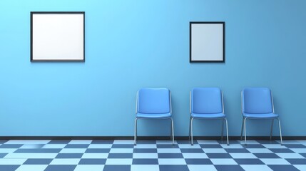 Empty waiting room with three blue chairs and blank frames on a light blue wall.