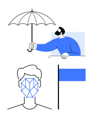 Man holding umbrella for protection, abstract geometric face recognition, and minimal flag design. Ideal for security, fashion, safety, identity, protection branding representation. Flat simple