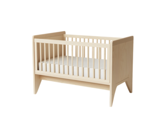 Minimalist wooden baby crib in a neutral nursery setting