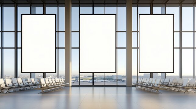 A modern airport terminal interior, featuring three blank vertical advertisement displays