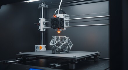 Modern 3d printer creating intricate gray object detailed closeup shot art model layer craft design