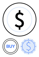 Dollar sign in bold black and blue with two variations Buy text and coin graphic representation. Ideal for finance, banking, payments, savings, investment, trade, e-commerce. Flat simple metaphor