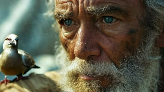 Noah communicates with a dove while on the ark, symbolizing peace and the end of a great flood. This moment captures a profound connection between man and nature