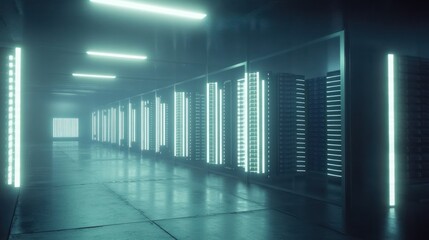 Futuristic Server Room: Neon Lights Illuminate Data Center Corridor