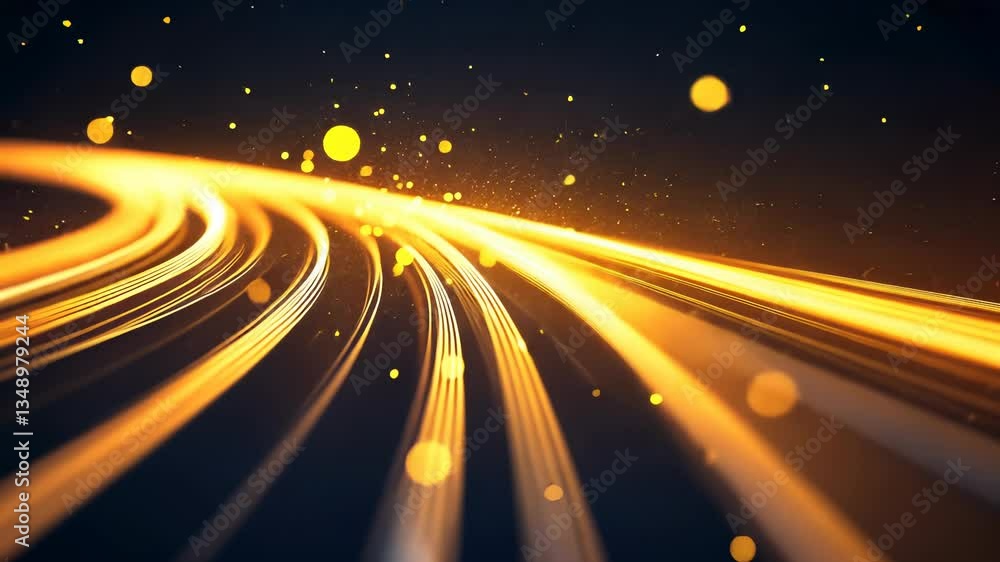 Poster neon, light trails flow golden space with particles, creating a sense of speed and energy background