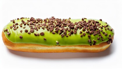 Long John Pistachio Donut with Chocolate Sprinkles on White Background Isolated