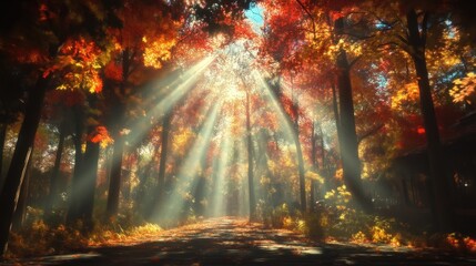 Naklejka premium Sunlight path through autumn forest