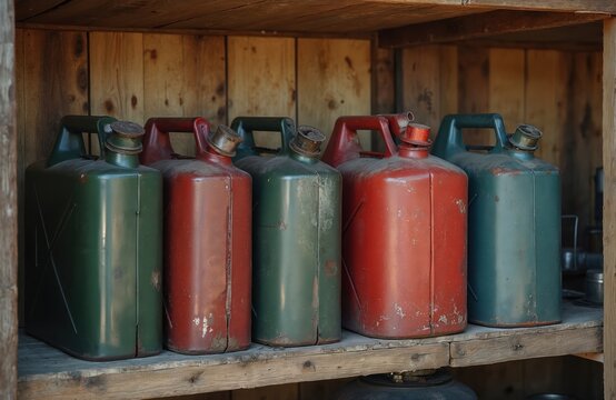 Old metal jerry cans with gasoline stand on shelves. Rusty, weathered containers in wooden shed. Fuel storage, energy reserve, vintage design. Gasoline, oil, automotive industry concept.