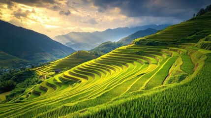 Fototapeta premium Sunset over vibrant terraced rice paddies in mountain valley