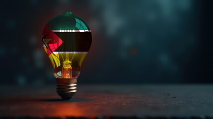 A patriotic concept: A light bulb with the Mozambique flag design glowing in the dark, symbolizing ingenuity, technology, and energy independence
