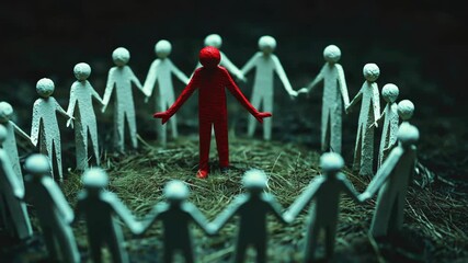 Red figurine isolated within a circle of white figures on dark background highlighting theme of social discrimination
