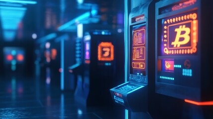 A crypto marketplace inside the metaverse with glowing payment terminals and digital avatars