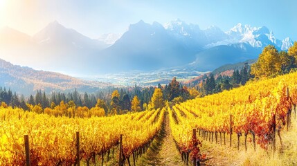 Autumn vineyard sunrise, mountain backdrop, valley vista, tourism brochure