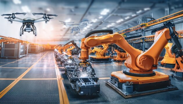 Robotic arms and drones work together in a factory, exhibiting advanced technology evolution.