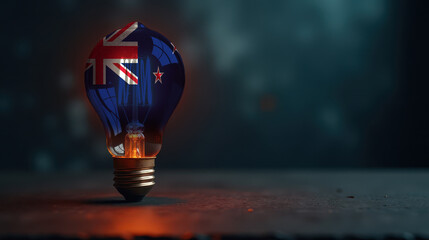 A patriotic concept: A light bulb with the New Zealand flag design glowing in the dark, symbolizing ingenuity, technology, and energy independence