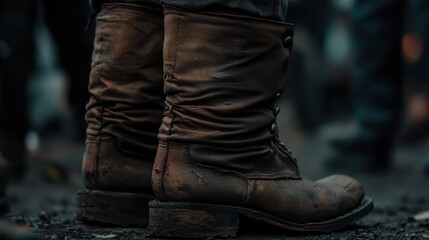 Close-up view of worn, muddy boots standing on a rugged terrain during an outdoor event