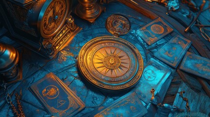 Obraz premium Mystic compass, tarot cards, antique clock, fortune-telling, dark wood table