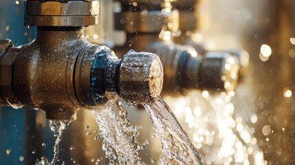 Water Leak from Industrial Pipes: Close-up of Leaking Valves