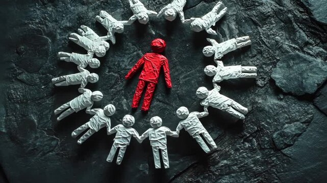 Red figure surrounded by white figures on dark stone background highlighting isolation and discrimination concept