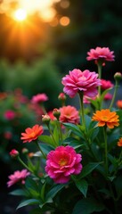 Colorful flowers in a garden at dusk with fading light, flowers, sunset, leaves