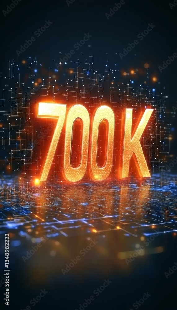 Poster glowing digital number 700k in futuristic style with abstract technology background, 3d render.