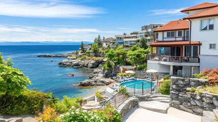 Obraz premium Oceanfront luxury homes, sunny day, coastal view, pool, stairs