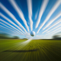 A golf ball soars with explosive energy, glistening in sunlight, against a blurred green background and brilliant blue sky dotted with clouds.