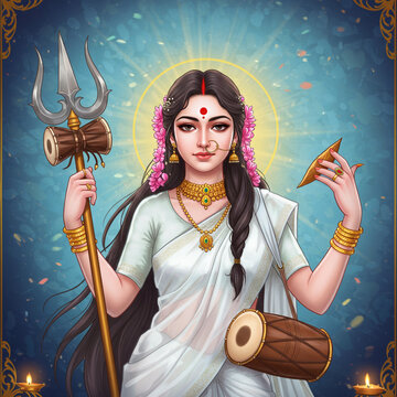 Goddess Brahmacharini with Trident and Drum in Divine Aura