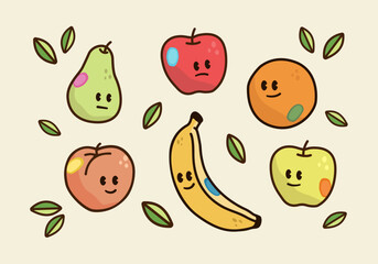 Cute hand drawn vector fruit characters. Apples, banana, orange, pear, and peach illustrations with leaves. Whimsical kawaii food art with faces. Isolated elements.