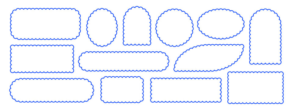 Set of blue different frame, shape with line scalloped edge vector illustration
