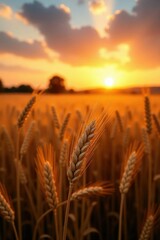 Softly lit wheat fields at sunset create a sense of tranquility, landscape, soft light, agriculture