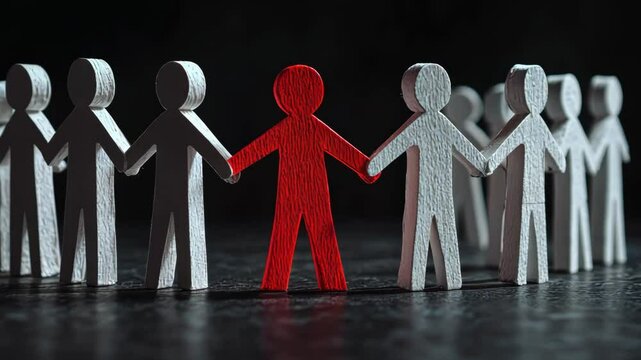Conceptual image of discrimination with red figure isolated among white figures, symbolizing social exclusion, bias, and inequality