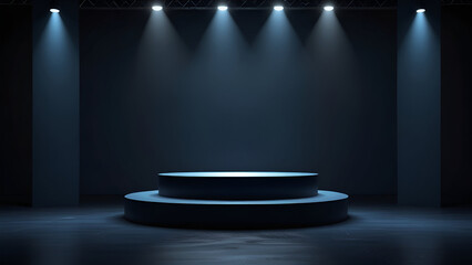 Dramatically Lit Circular Platforms under Spotlights on a Dark Stage Highlighting Their Shape and Design