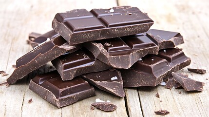 Pieces of dark chocolate arranged on a wooden surface