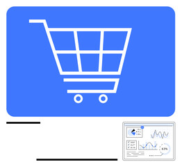 Large shopping cart represents online retail, paired with analytics screen showing performance data. Ideal for marketing, online shopping, data analysis, sales trends, e-commerce, business growth