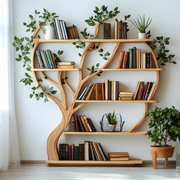 Wooden bookshelf shaped like a tree filled with books