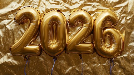 Golden Foil Balloon Numbers Forming '2026' Against Metallic Backdrop