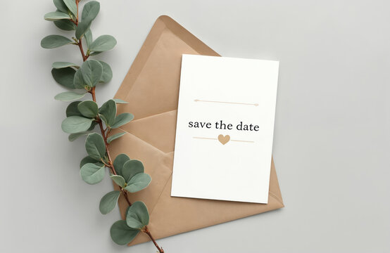 Save the date card mockup with envelope. Wedding invitation with eucalyptus twig. Blank postcard, wedding invitation, marriage announcement, happy event concept. - Powered by Adobe