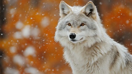 Obraz premium Arctic wolf, snowy autumn forest, alert gaze, wildlife photography