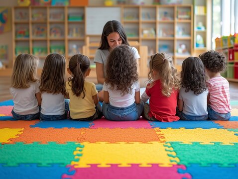 Kleine Zuh&ouml;rer: Kinder im Kreis h&ouml;ren Geschichten aufmerksam zu