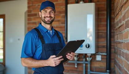 Smiling technician in blue uniform holds clipboard near home water heater. Repairman, plumber stands by boiler. Man at work, home maintenance service, gas equipment, construction, heating.