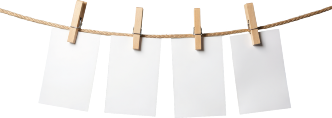 Four Blank White Cards Hanging on a Jute Rope with Clothespins, transparent background