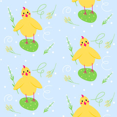 Seamless pastel spring floral vector pattern with cute yellow chicken bird standing on egg. Children or Easter background with mimosa flowers. 
